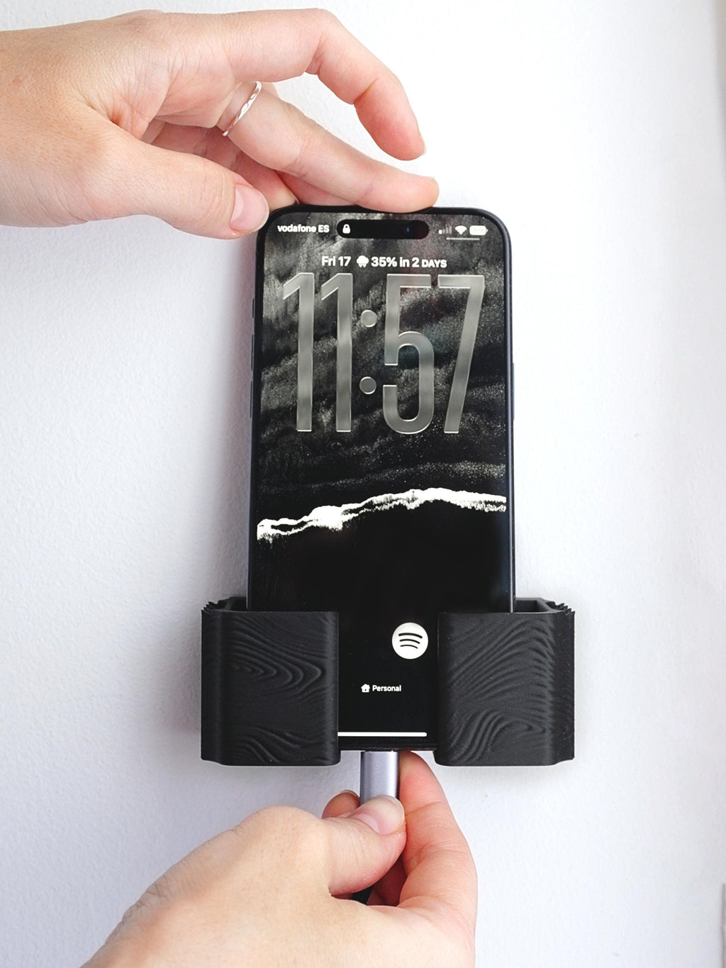 Wall-Mounted Phone Holder with Integrated Cable Management – Minimalist Bedside Charging Dock