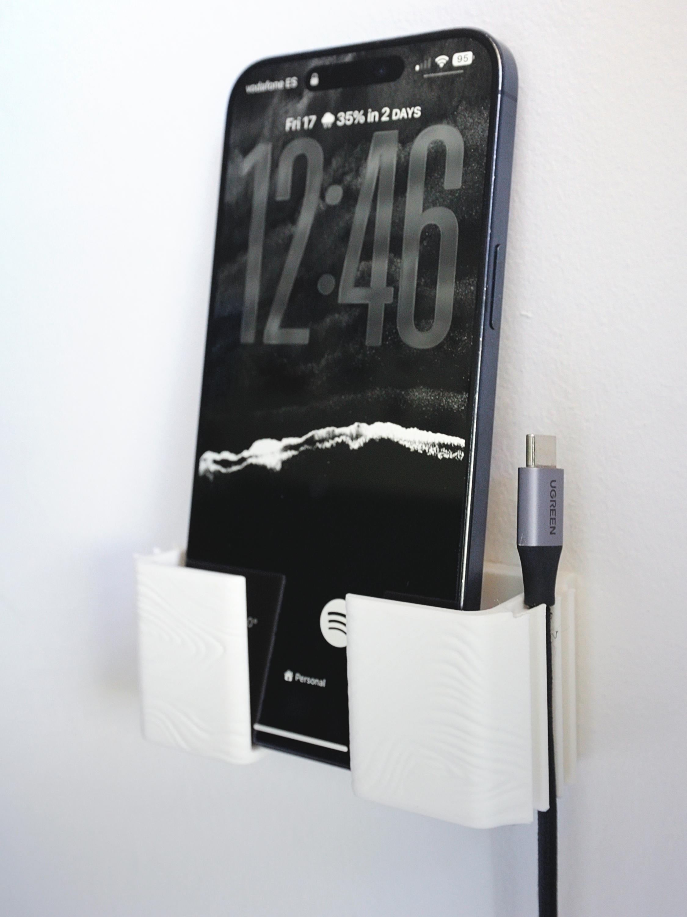 Wall-Mounted Phone Holder with Integrated Cable Management – Minimalist Bedside Charging Dock